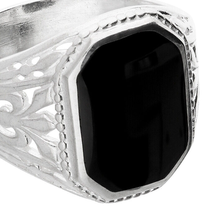 Mens Onyx Rectangular Signet Ring crafted in silver with intricate detailing