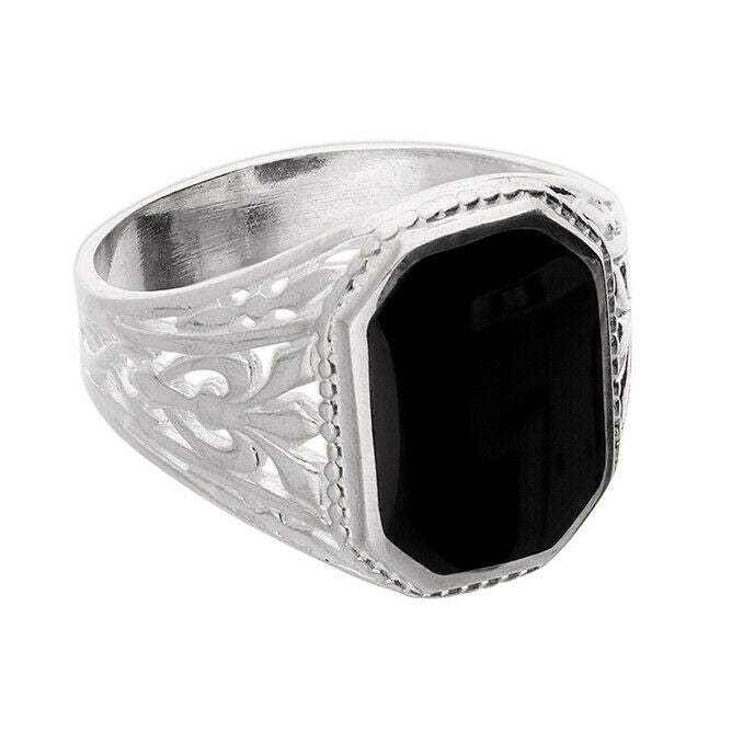 Mens Onyx Rectangular Signet Ring by J R Jewellery with intricate silver detailing
