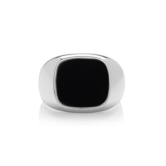 J R Jewellery men's onyx signet ring with polished silver band and square black onyx stone