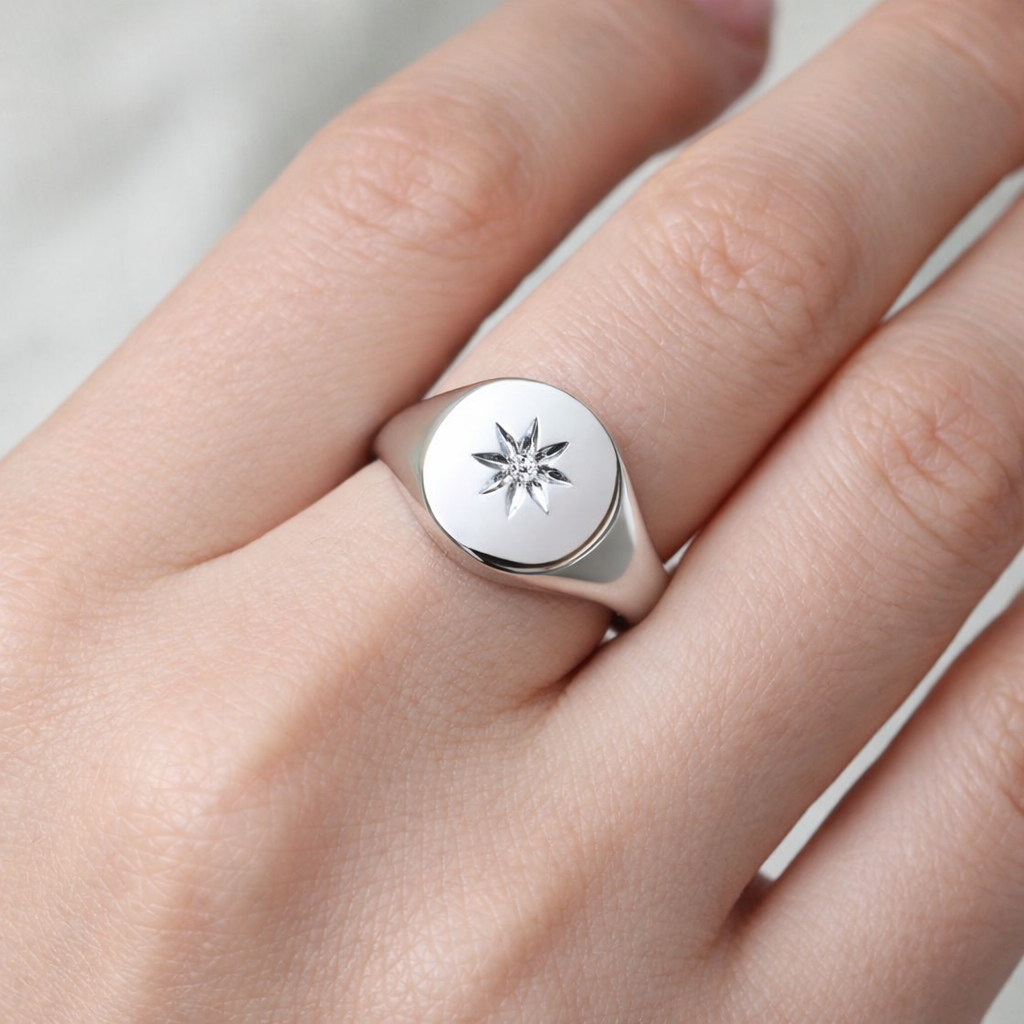 Mens Oval Signet Ring by J R Jewellery with a polished silver finish and star design