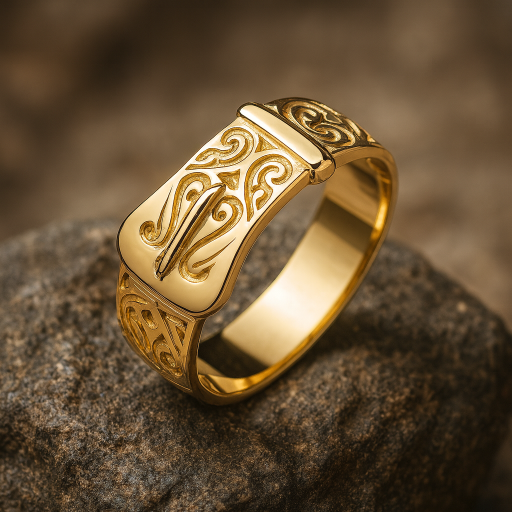 Men's Patterned Buckle Ring in gold featuring intricate designs and a polished finish