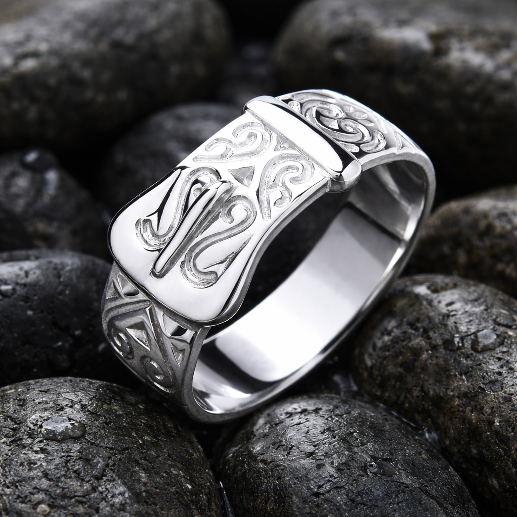 J R Jewellery Mens Patterned Buckle Ring with intricate designs on polished silver