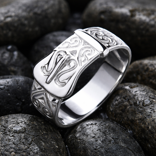 J R Jewellery Mens Patterned Buckle Ring with intricate designs on polished silver