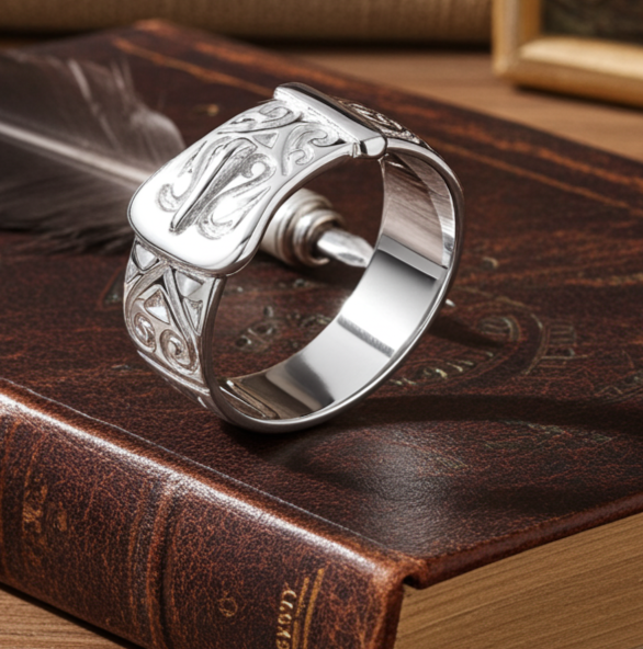 Mens Patterned Buckle Ring in Silver with Intricate Detailing on a Wooden Surface