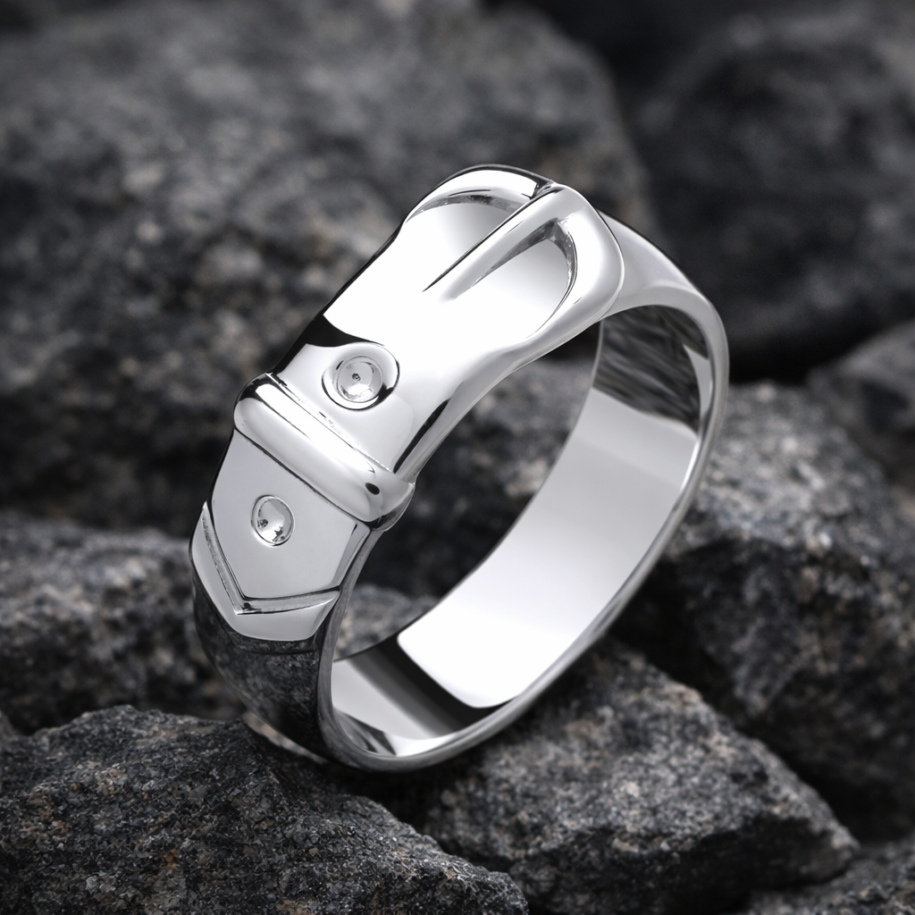 Mens Plain Buckle Ring Solid Sterling Silver with a polished finish against a rocky background