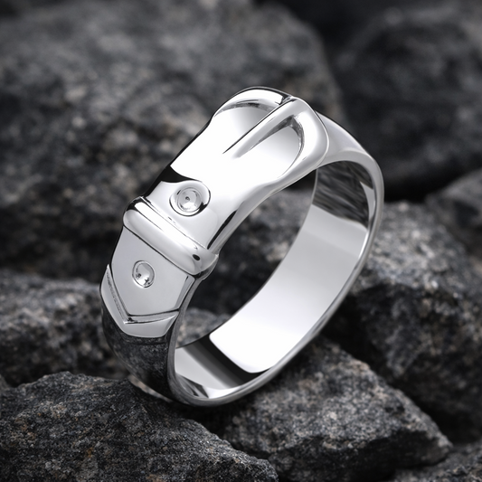 Mens Plain Buckle Ring Solid Sterling Silver with a polished finish against a rocky background