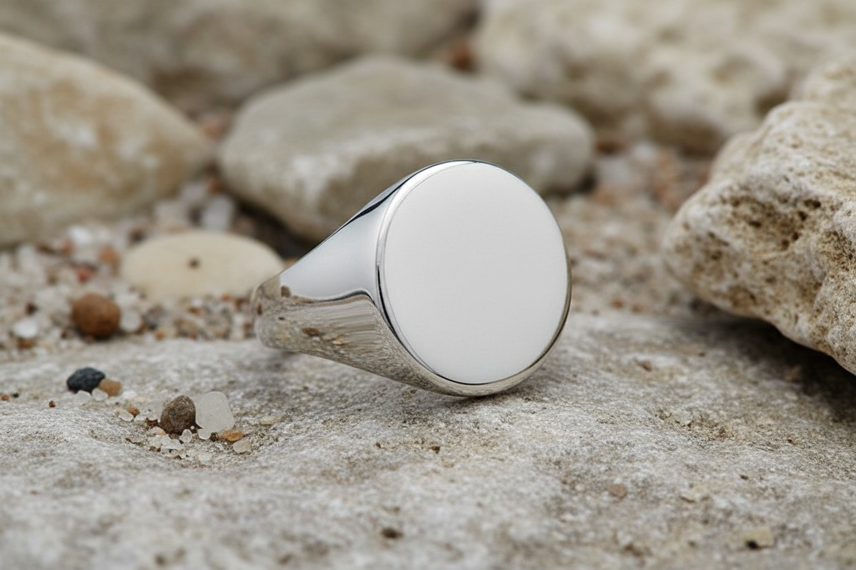 Mens Plain Oval Signet Ring in polished silver resting on textured stones