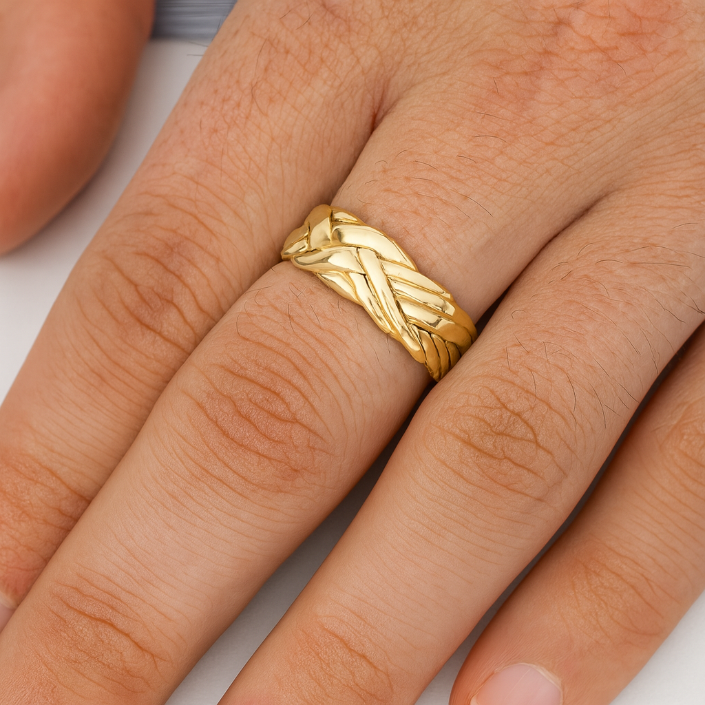 Mens Puzzle Ring 24ct Yellow Gold featuring a stylish braided design on a hand