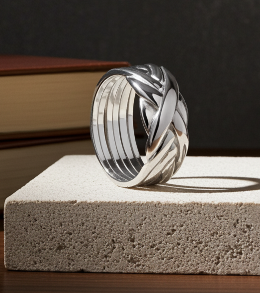 Stylish Mens Puzzle Ring in Silver with intricate interwoven design from J R Jewellery