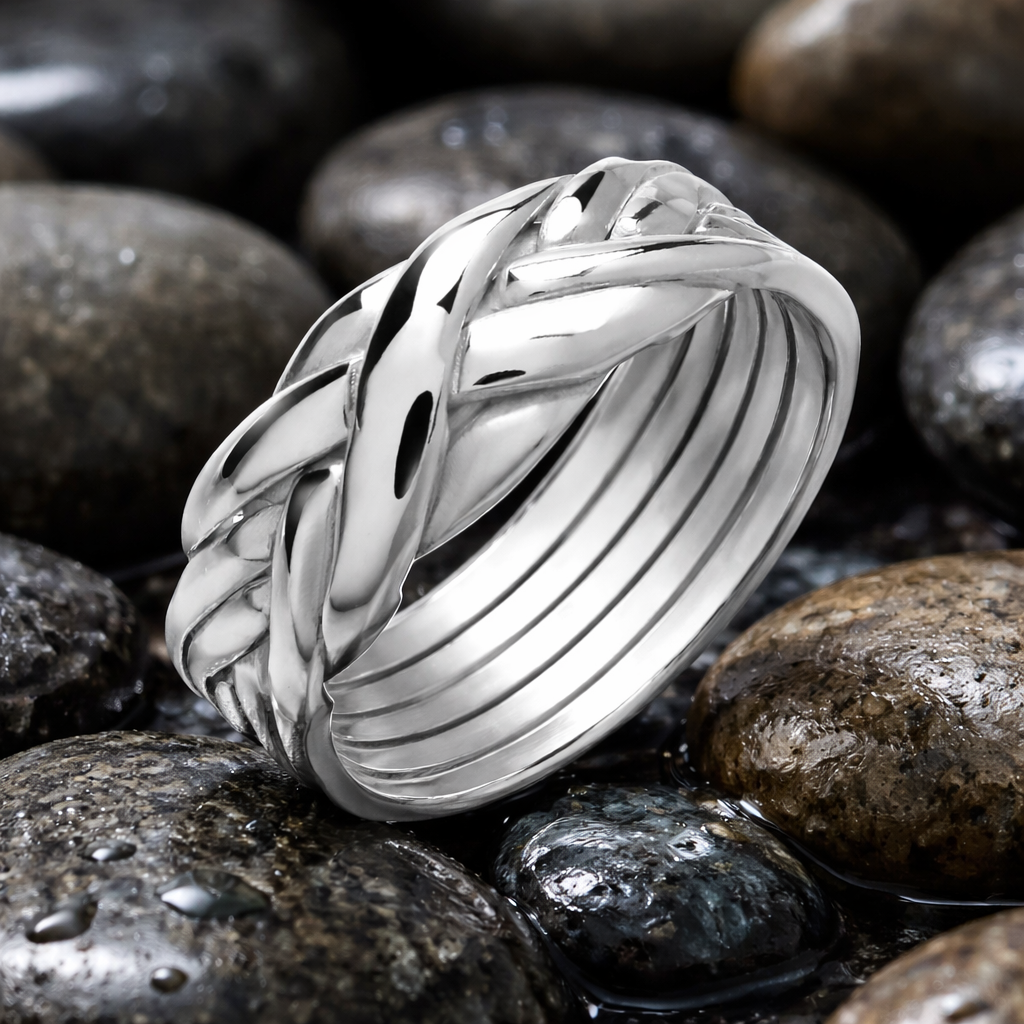 Stylish Mens Puzzle Ring by J R Jewellery in Silver with a unique braided design