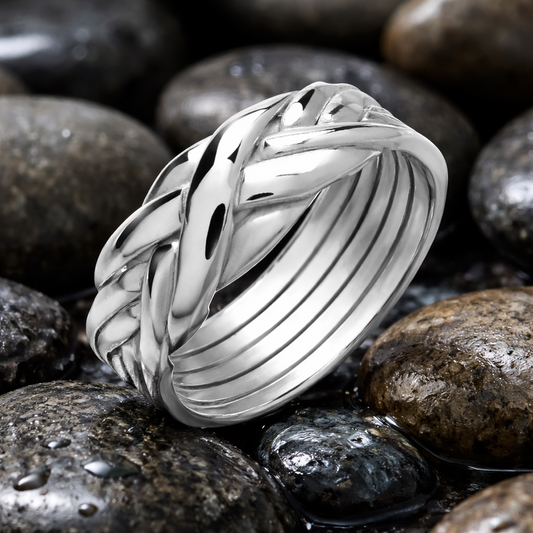 Stylish Mens Puzzle Ring by J R Jewellery in Silver with a unique braided design