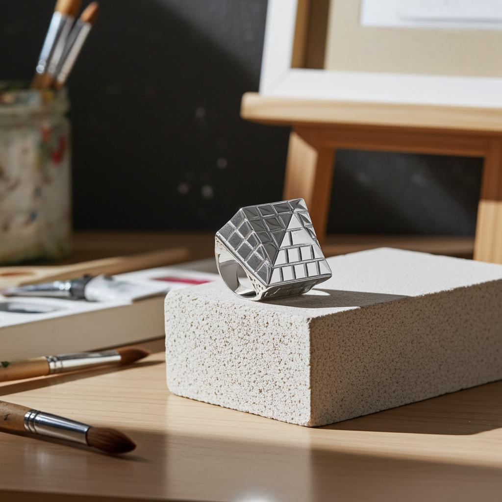 Mens Pyramid Ring by J R Jewellery on a textured stone surface with art supplies in the background