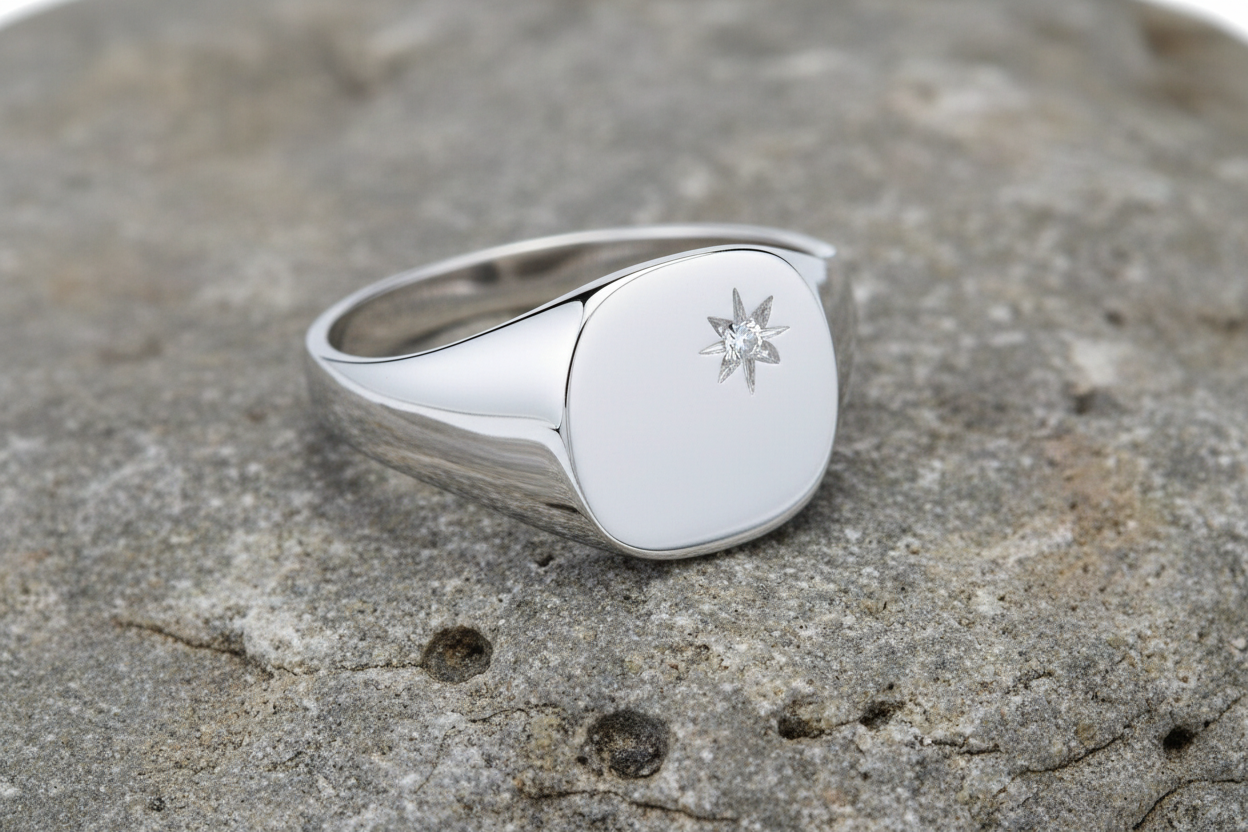 Mens Real Diamond Cushion Signet Ring in polished silver with a star design featuring a diamond