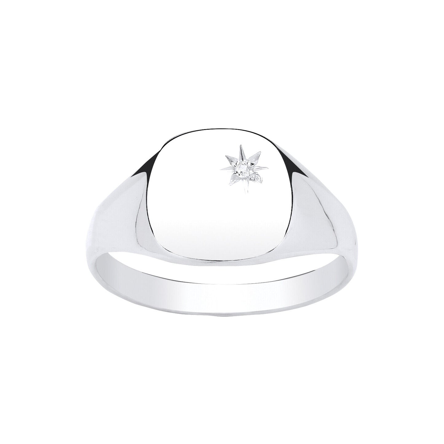 Mens Real Diamond Cushion Signet Ring in polished silver with a star-shaped diamond detail