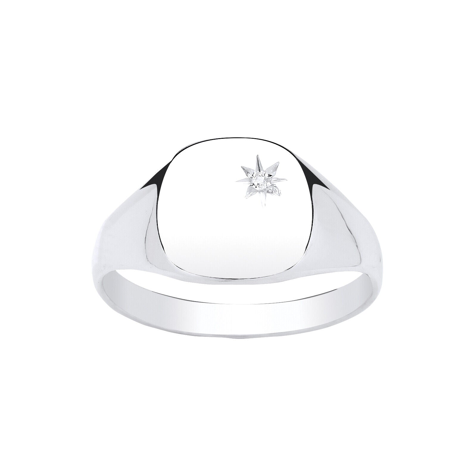 Mens Real Diamond Cushion Signet Ring in polished silver with a star-shaped diamond detail