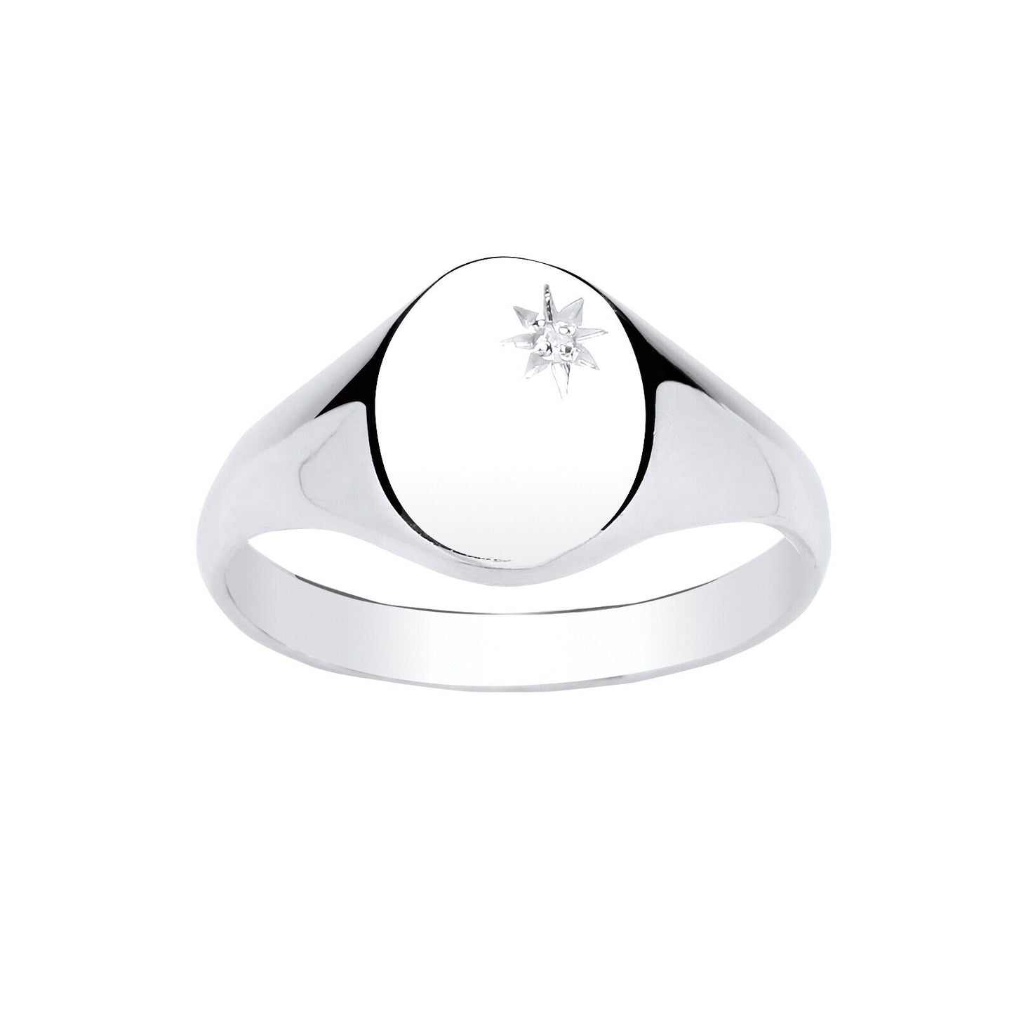 Polished Silver Mens Real Diamond Oval Signet Ring with a Star Design