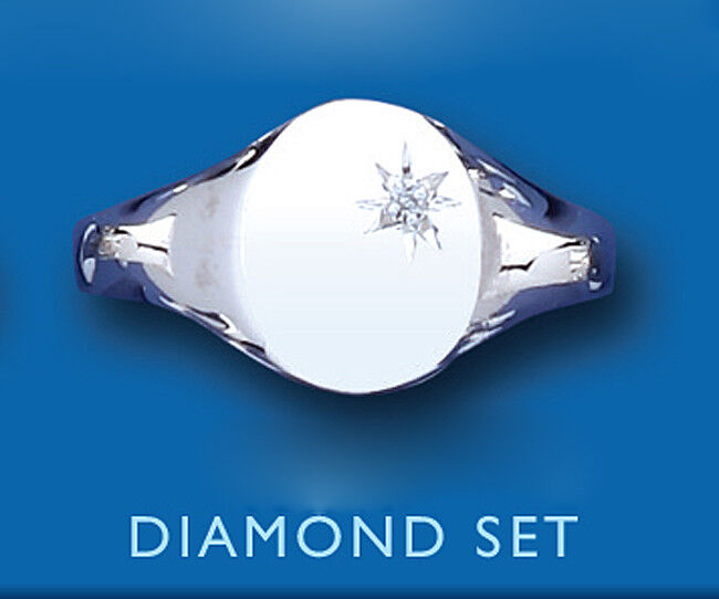 Mens Real Diamond Oval Signet Ring in polished silver with a central diamond set design