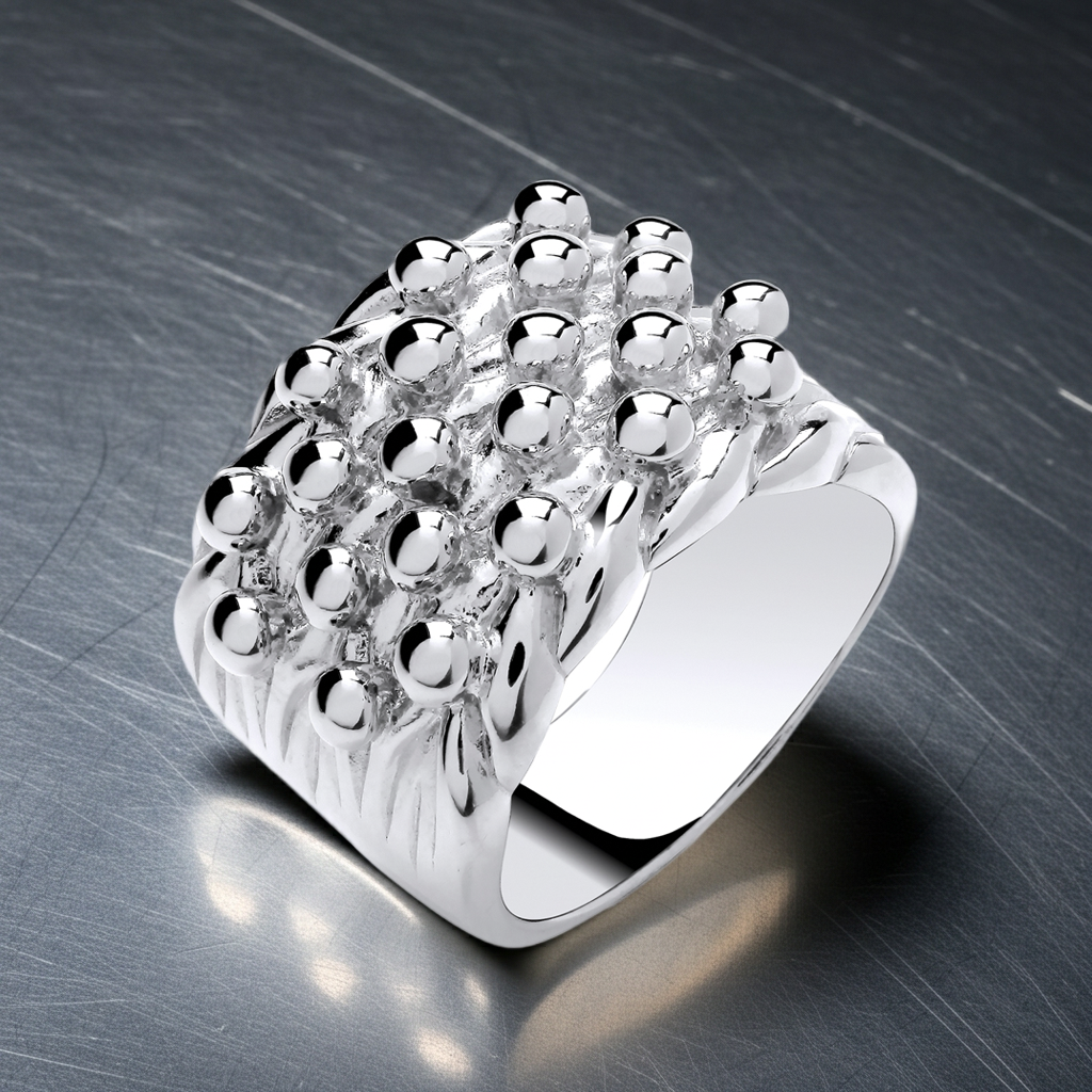 J R Jewellery Mens Ring in polished silver with a textured design and shiny accents