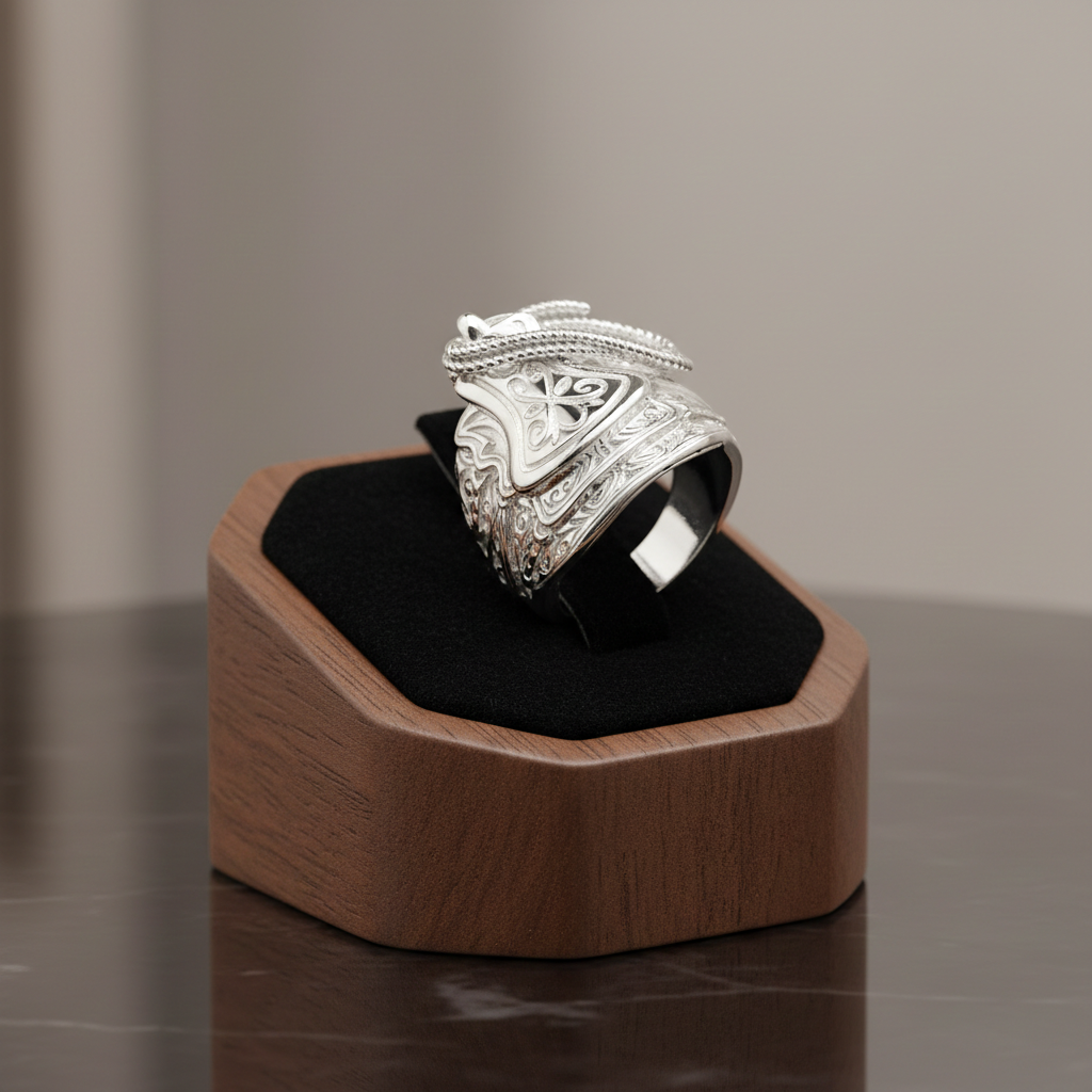 Mens Saddle Ring by J R Jewellery featuring intricate engravings and polished silver design
