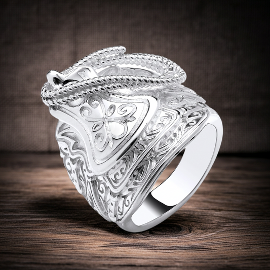 J R Jewellery Mens Saddle Ring in Silver with Intricate Floral Design and Rope Detail