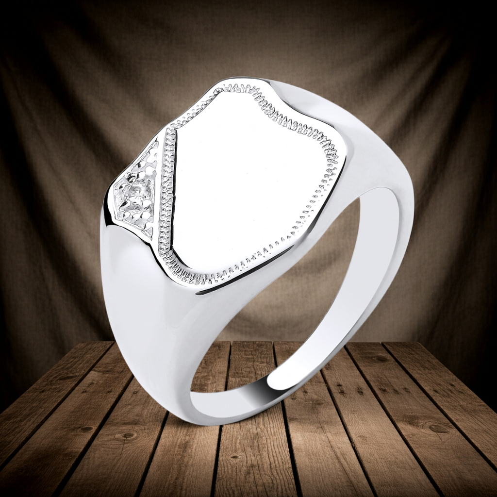 J R Jewellery Mens Shield Signet Ring with a polished silver finish and elegant design