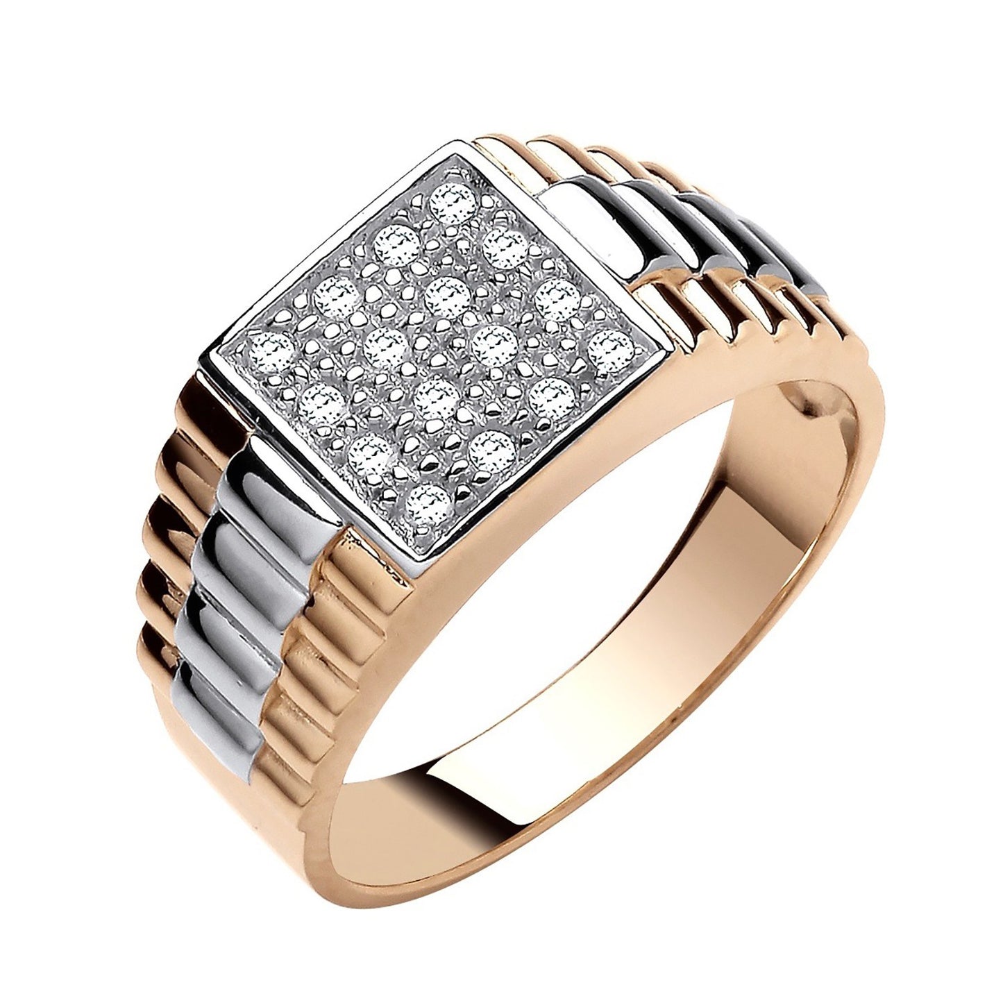 Stylish mens signet ring with sparkling cubic zirconia set on a two-toned band