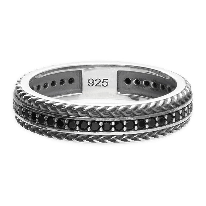 Mens Silver Band Ring Featuring a Black Cubic Zirconia Design with textured rope detailing