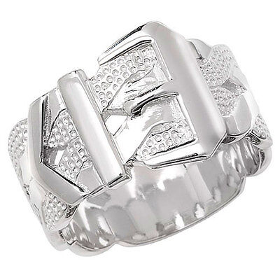 J R Jewellery mens solid sterling silver buckle ring with textured design and polished finish