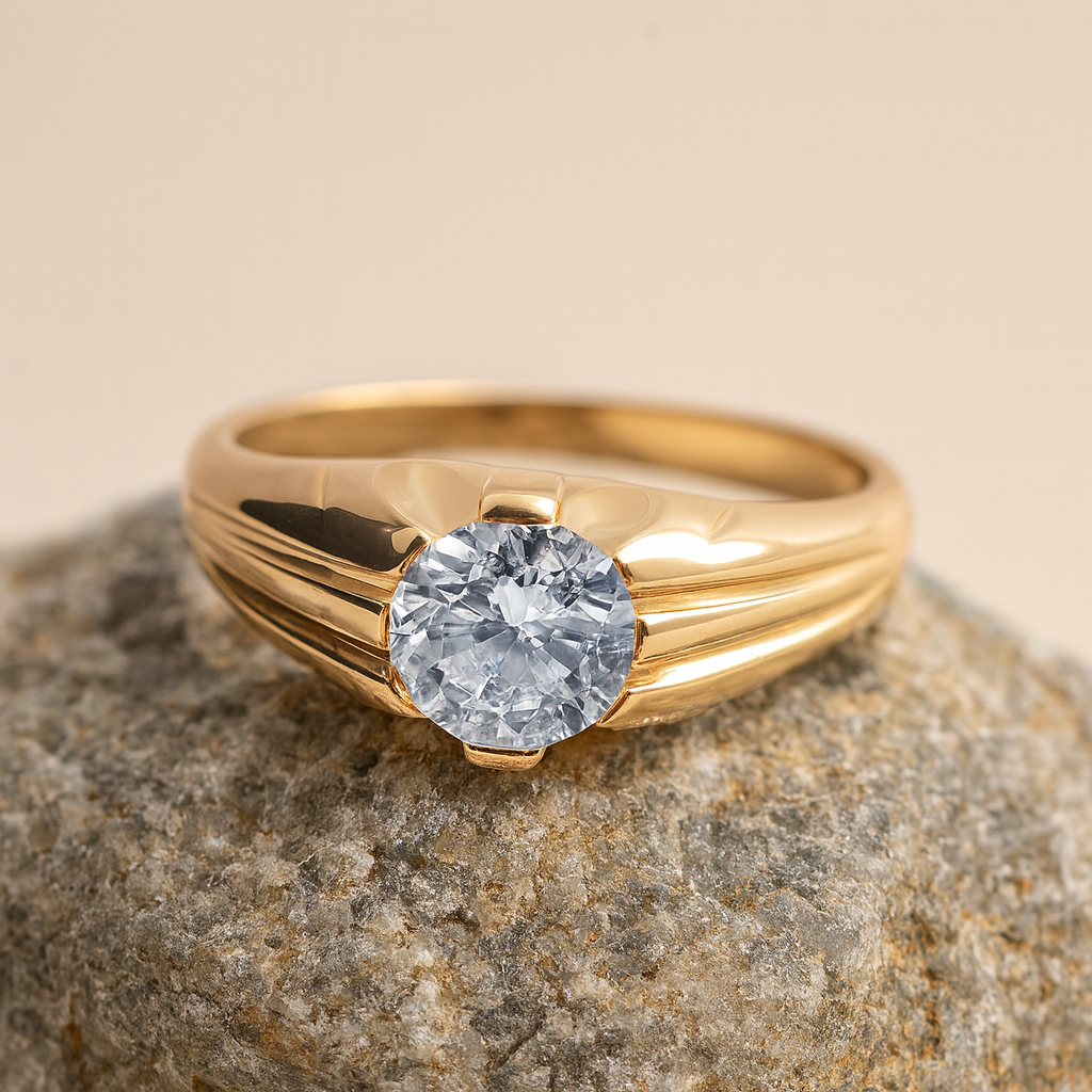 Mens Solitaire Ring 18ct Gold on Solid Sterling Silver featuring a sparkling central gemstone