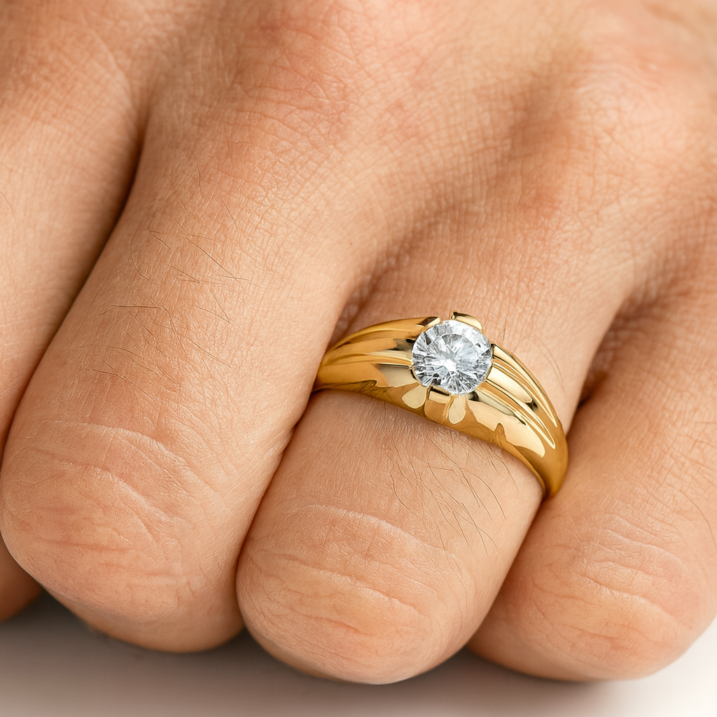 Mens Solitaire Ring 18ct Gold on Solid Sterling Silver featuring a brilliant-cut diamond