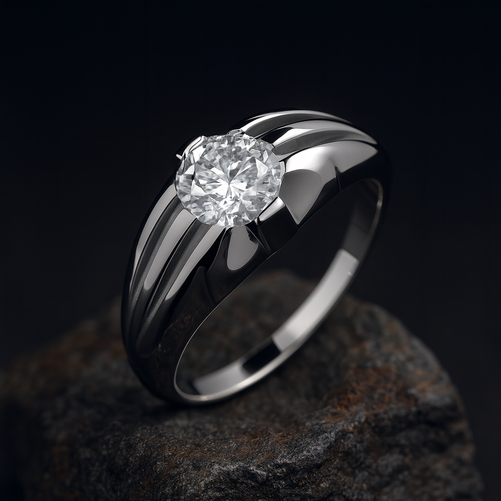 Mens Solitaire Ring Solid Sterling Silver with a prominent central diamond and polished band
