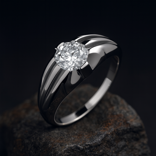 Mens Solitaire Ring Solid Sterling Silver with a prominent central diamond and polished band