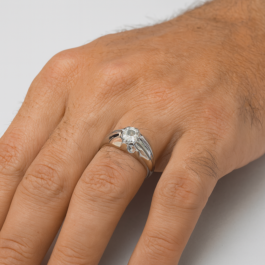 Mens Solitaire Ring Solid Sterling Silver with a sparkling central stone on a polished band