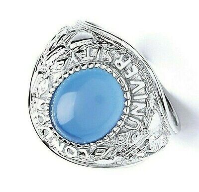 Mens Sterling Silver Blue Stone College Ring with intricate carvings and a smooth blue gemstone