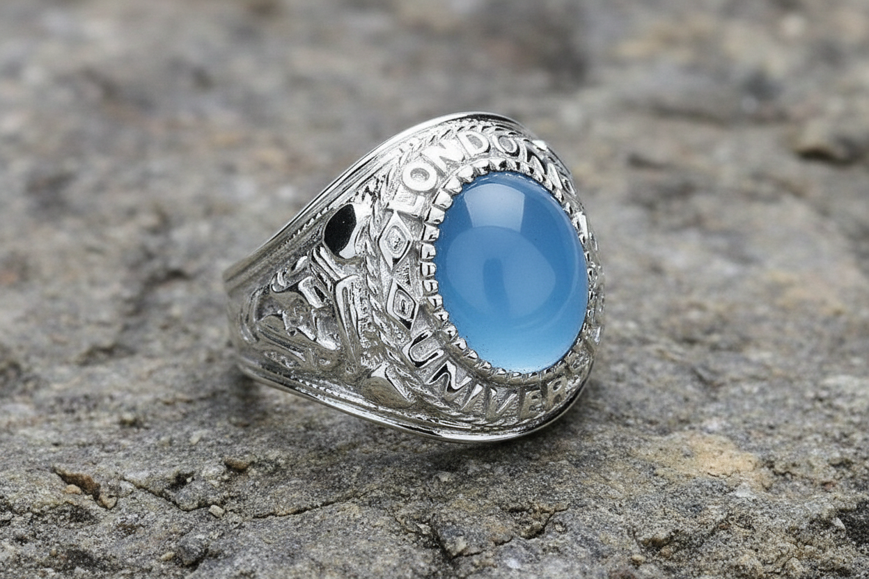 Mens Sterling Silver Blue Stone College Ring with intricate detailing and polished finish
