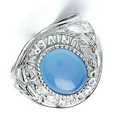 Mens Sterling Silver Blue Stone College Ring with Intricate Detailing and a Shiny Blue Centre Gem