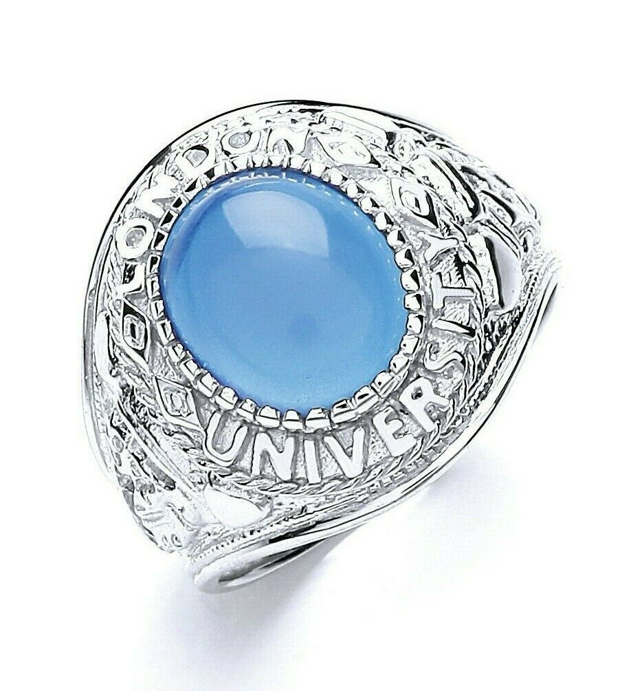 Mens Sterling Silver Blue Stone College Ring with intricate detailing and university engraving