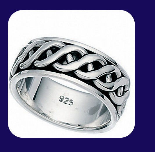 Men's sterling silver Celtic ring by J R Jewellery featuring intricate woven design with 925 hallmark