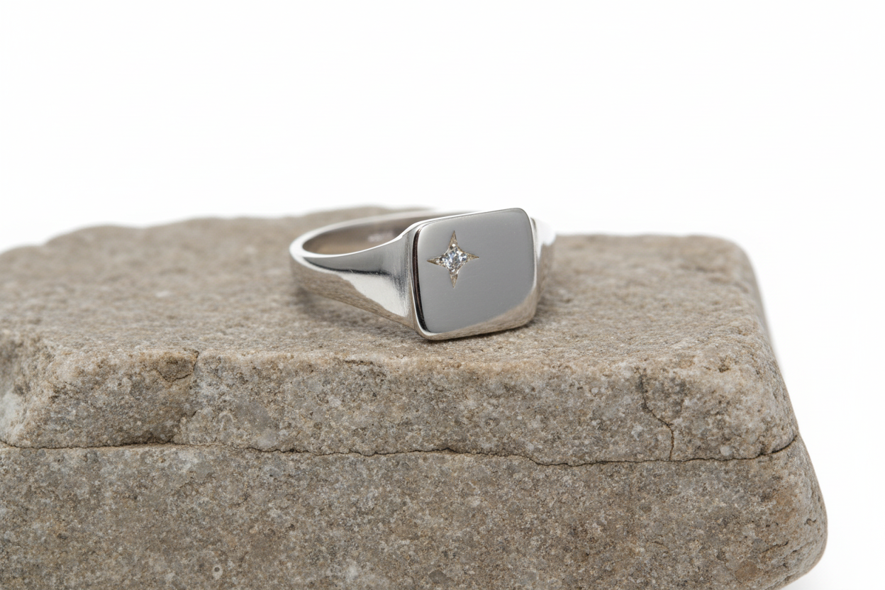 Mens Sterling Silver Cushion Signet Ring with a polished finish and subtle diamond accent