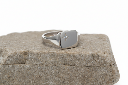 Mens Sterling Silver Cushion Signet Ring with a polished finish and subtle diamond accent