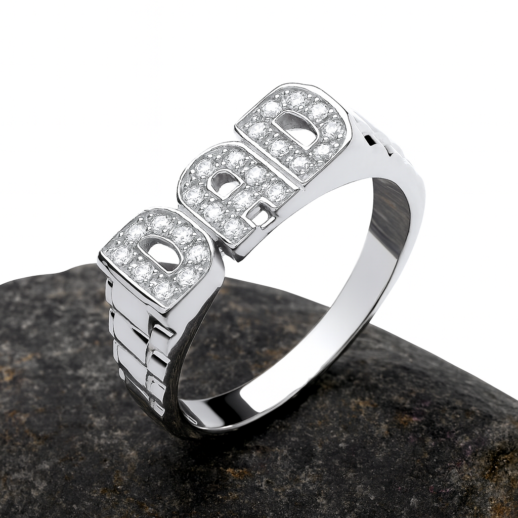 Mens Sterling Silver DAD Ring with Sparkling Letter Design on a Polished Band
