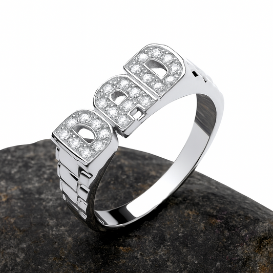 Mens Sterling Silver DAD Ring with Sparkling Letter Design on a Polished Band