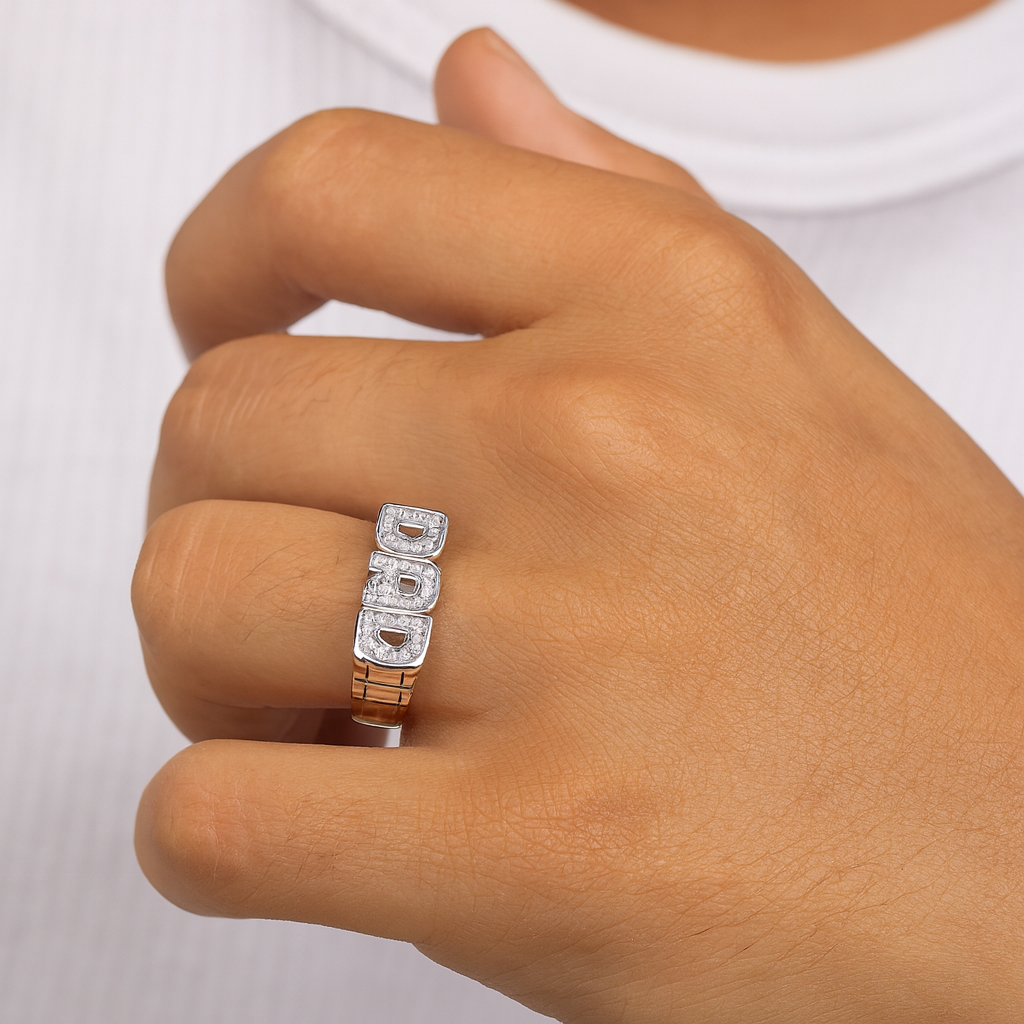 Mens Sterling Silver DAD Ring featuring a modern design with sparkling details