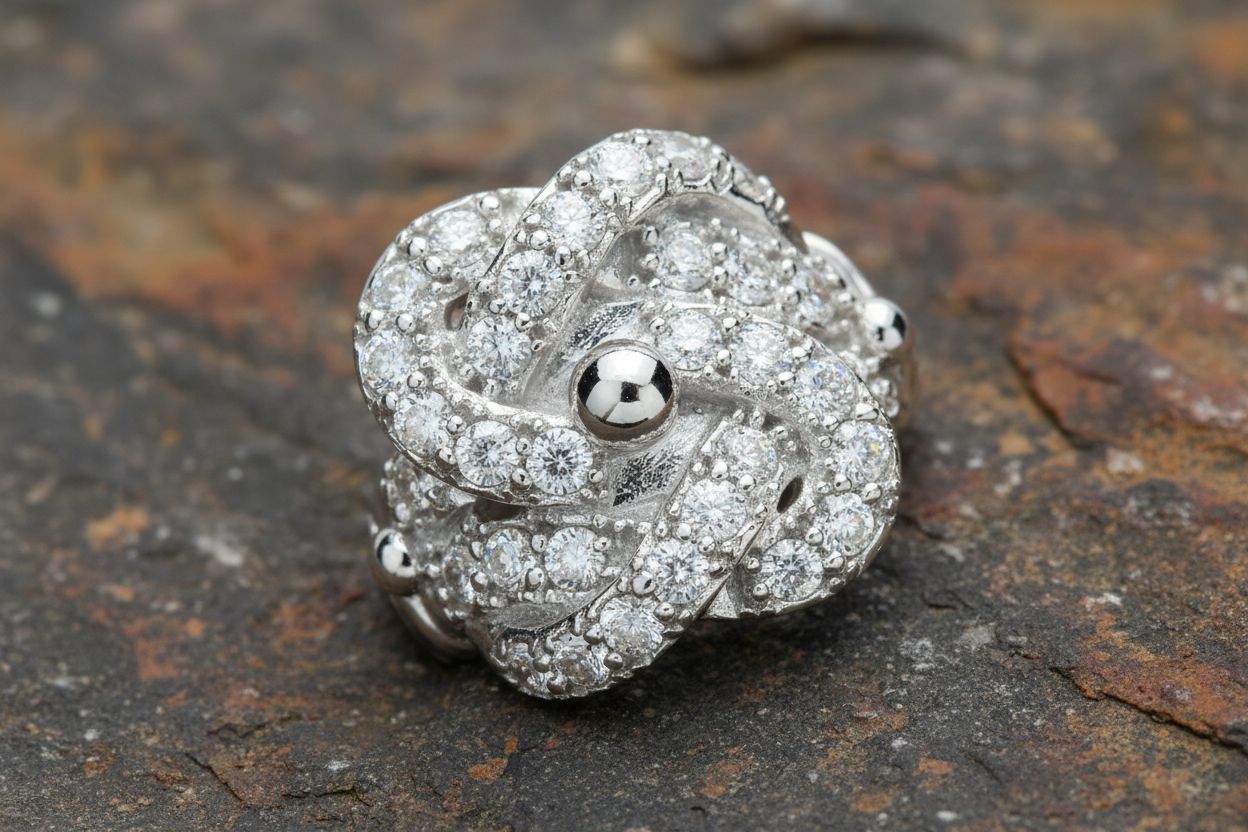 Stylish Mens Sterling Silver Knot Ring adorned with sparkling stones for a unique look