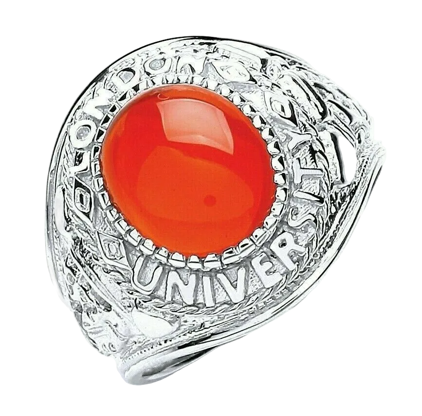 Mens Sterling Silver Red Stone College Ring featuring a bold red stone and detailed engraving