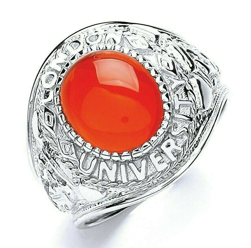 Mens Sterling Silver Red Stone College Ring featuring an engraved university name and a vibrant red stone