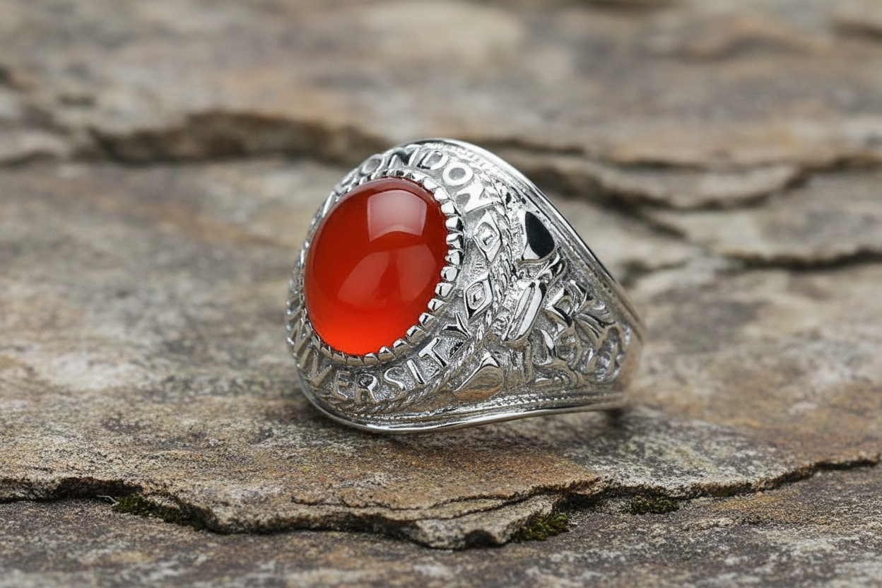 Mens Sterling Silver Red Stone College Ring with Intricate Detailing and a Smooth Red Gemstone