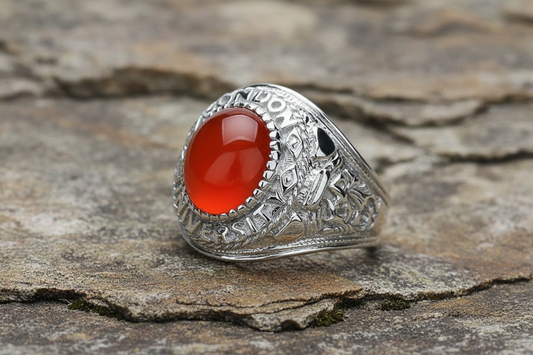 Mens Sterling Silver Red Stone College Ring with Intricate Detailing and a Smooth Red Gemstone