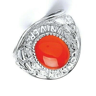 Mens Sterling Silver Red Stone College Ring with intricate design and a vibrant red stone