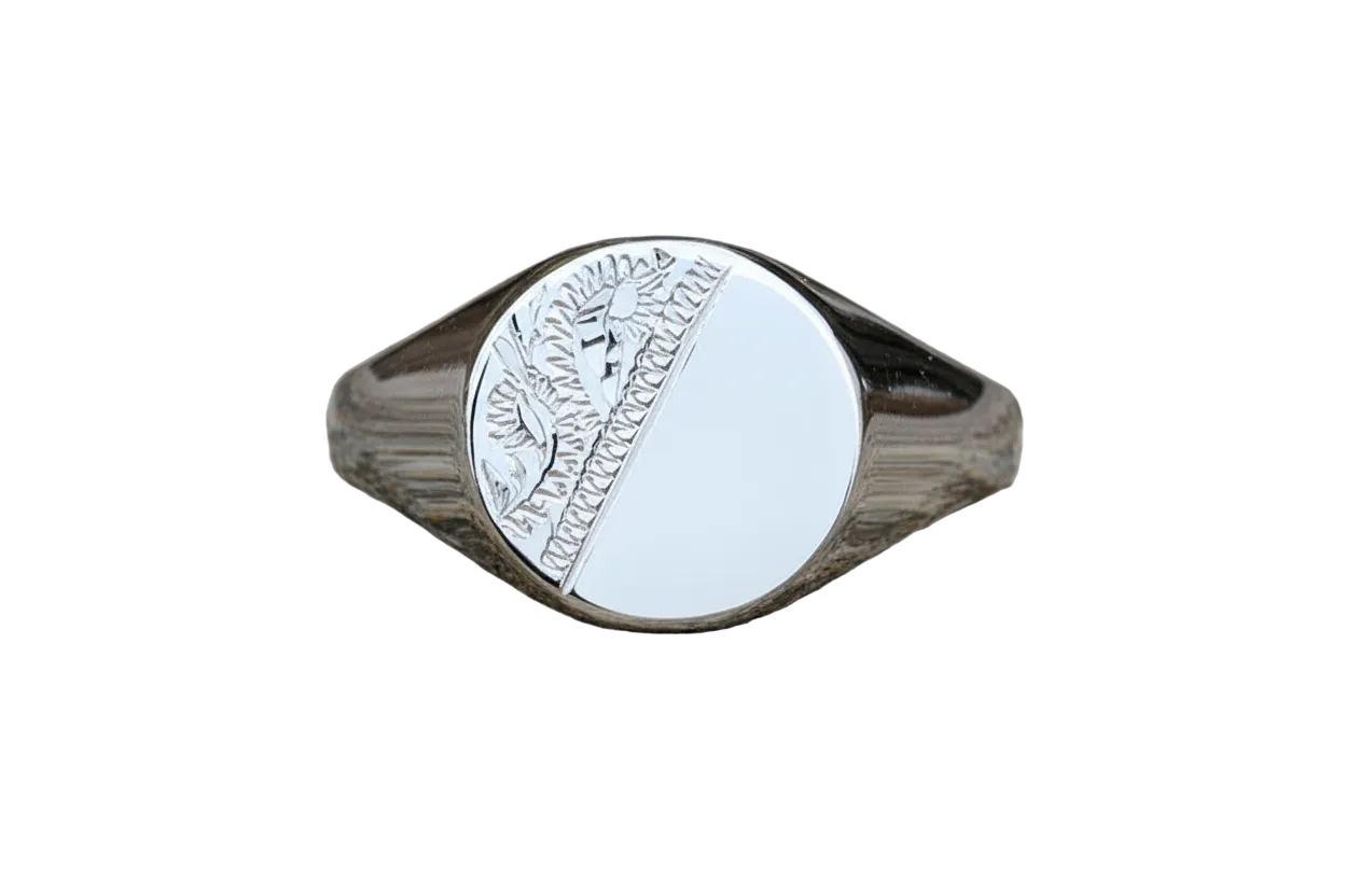 Mens Sterling Silver Round Signet Ring with ornate engraving and polished finish